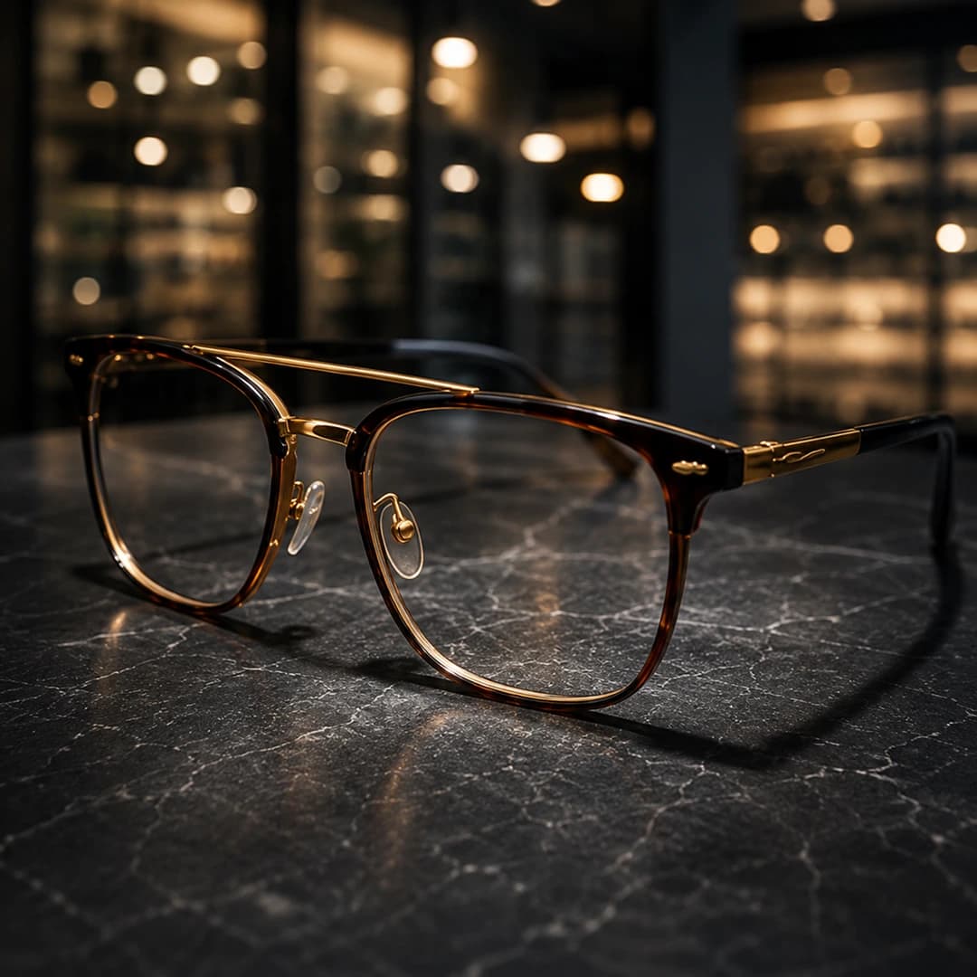 Luxury eyewear on marble tabletop